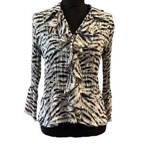 SUNNY LEIGH RUFFLED FRONT ZEBRA PRINT BUTTON DOWN BLOUSE BLK WHT SIZE PM